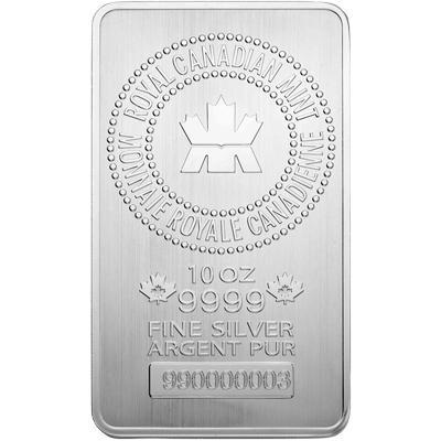 A picture of a 10 oz. Royal Canadian Mint Silver Bar